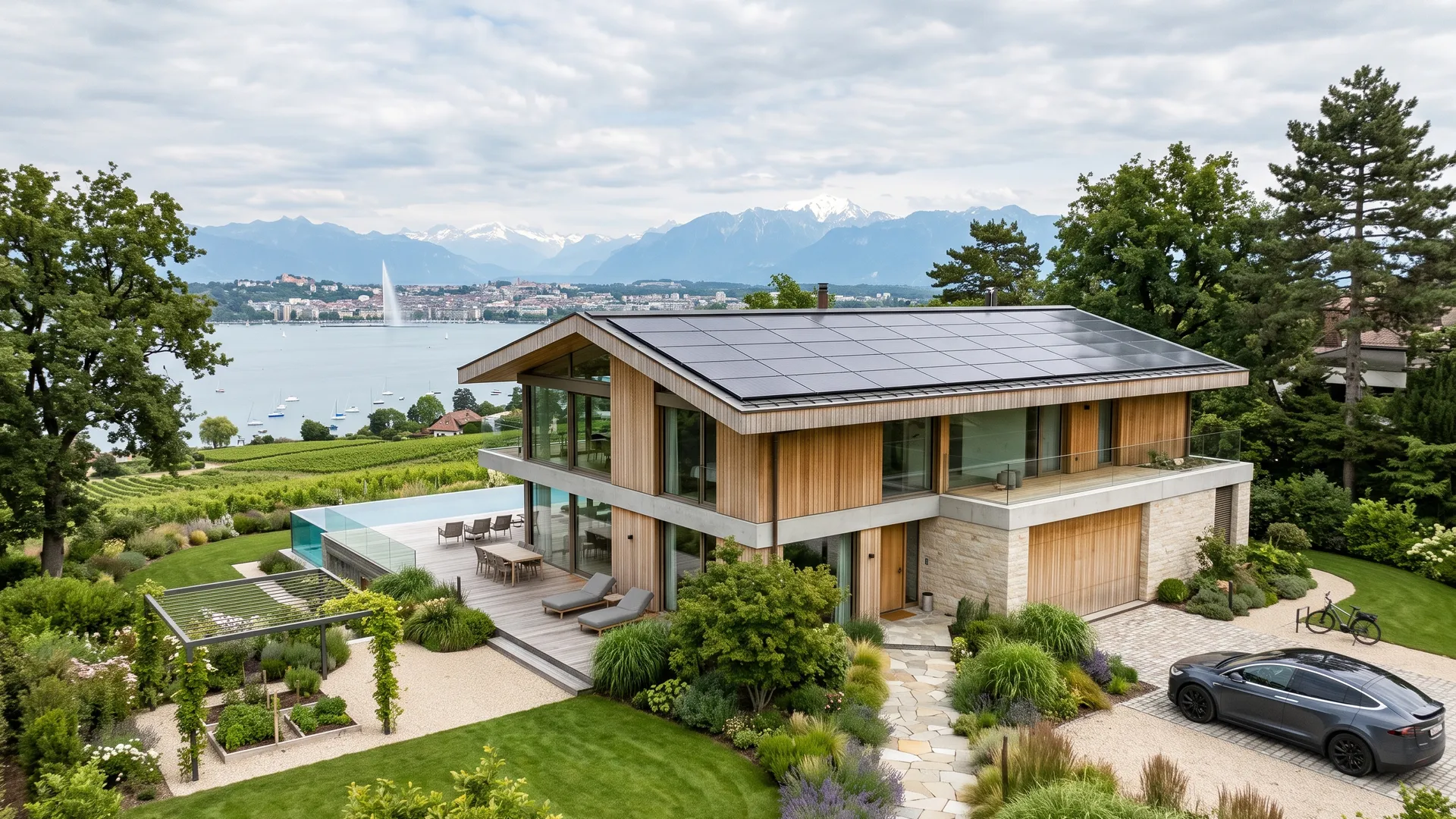 Villa contemporaine avec panneaux solaires au bord du lac Léman